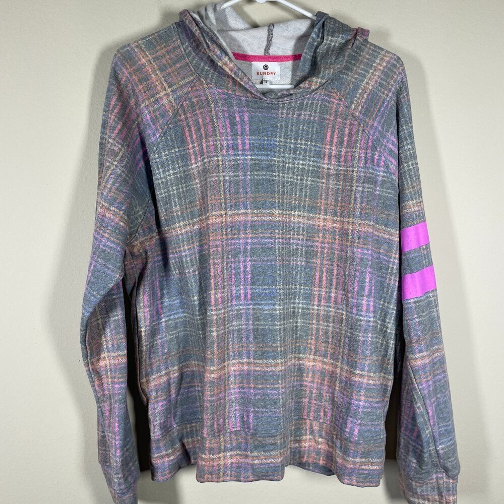 Sundry Women's Plaid Hoodie 2 (M) Multi Color Pullover Lounge Wear Casual!